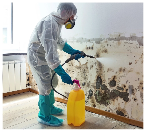 technician performing mold remediation on wall